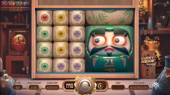 Ілюстрація гри у слот Lucky Neko - Gigablox, кадр із демо гри розміщеної на офіційному сайті виробника.